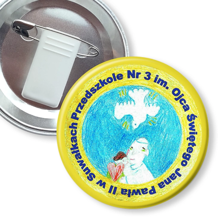 przypinka z żabką i agrafką Przedszkole nr 3 w Suwałkach