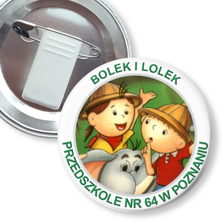 przypinka z żabką i agrafką Przedszkole nr 64 w Poznaniu
