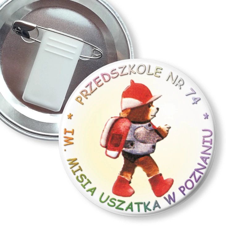 przypinka z żabką i agrafką Przedszkole nr 74