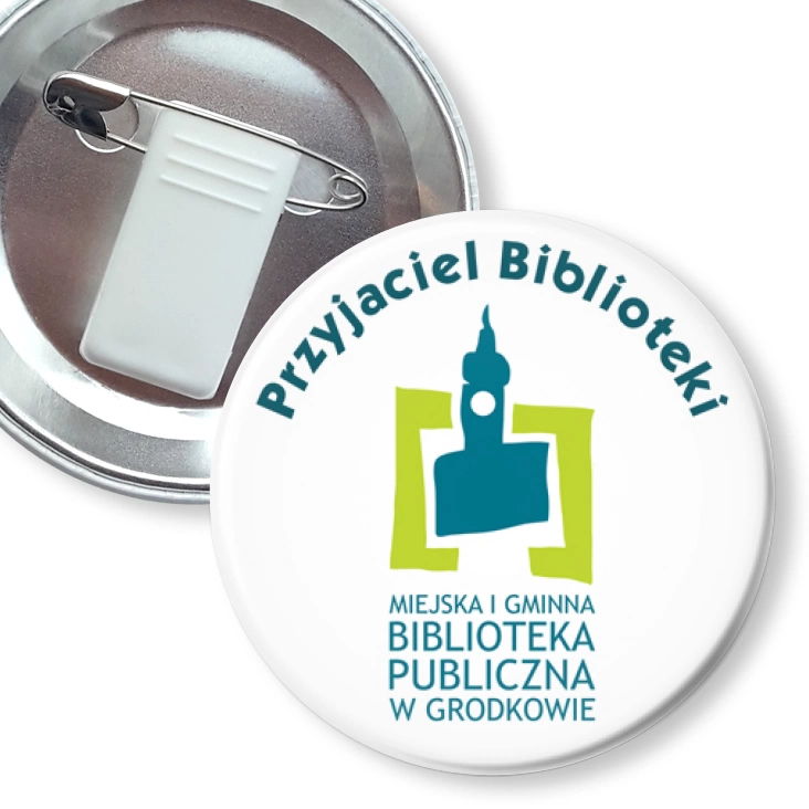 przypinka z żabką i agrafką Przyjaciel Biblioteki