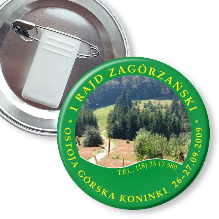 przypinka z żabką i agrafką Rajd Zagórzański