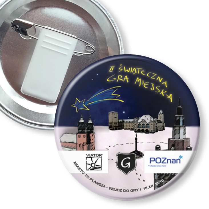 przypinka z żabką i agrafką Świąteczna Gra Miejska Poznań