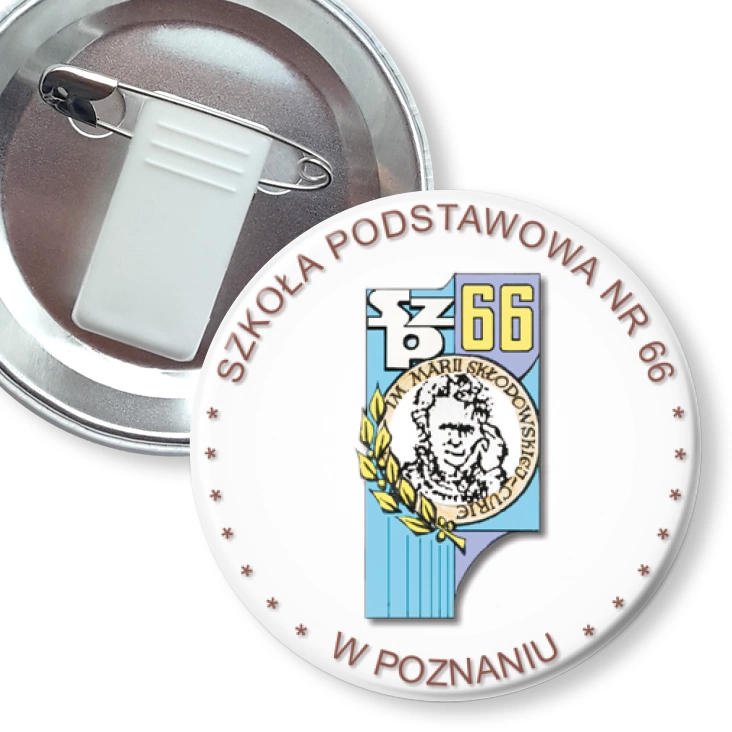 przypinka z żabką i agrafką Szkoła podstawowa nr 66 w Poznaniu