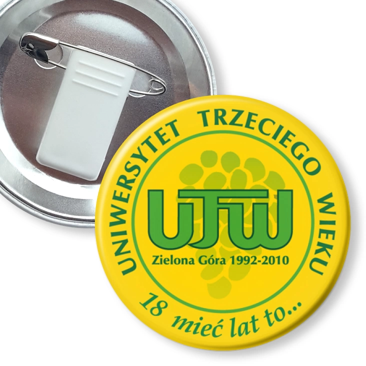 przypinka z żabką i agrafką Uniwersytet Trzeciego Wieku