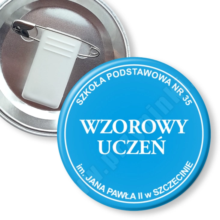 przypinka z żabką i agrafką Wzorowy Uczeń SP35 Szczecin - niebieski