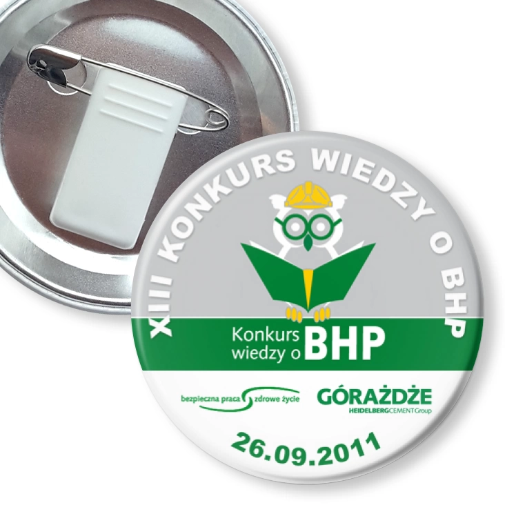 przypinka z żabką i agrafką XIII Konkurs Wiedzy o BHP