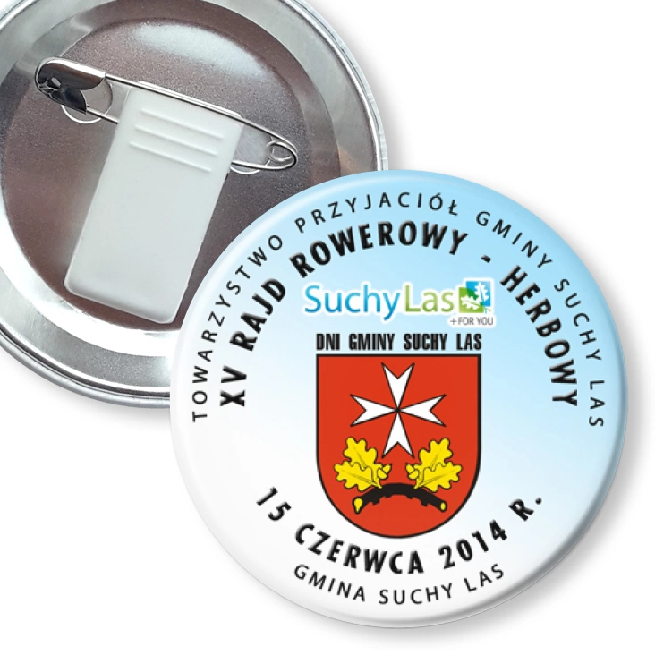przypinka z żabką i agrafką XV Rajd Rowerowy Herbowy - Suchy Las 2014
