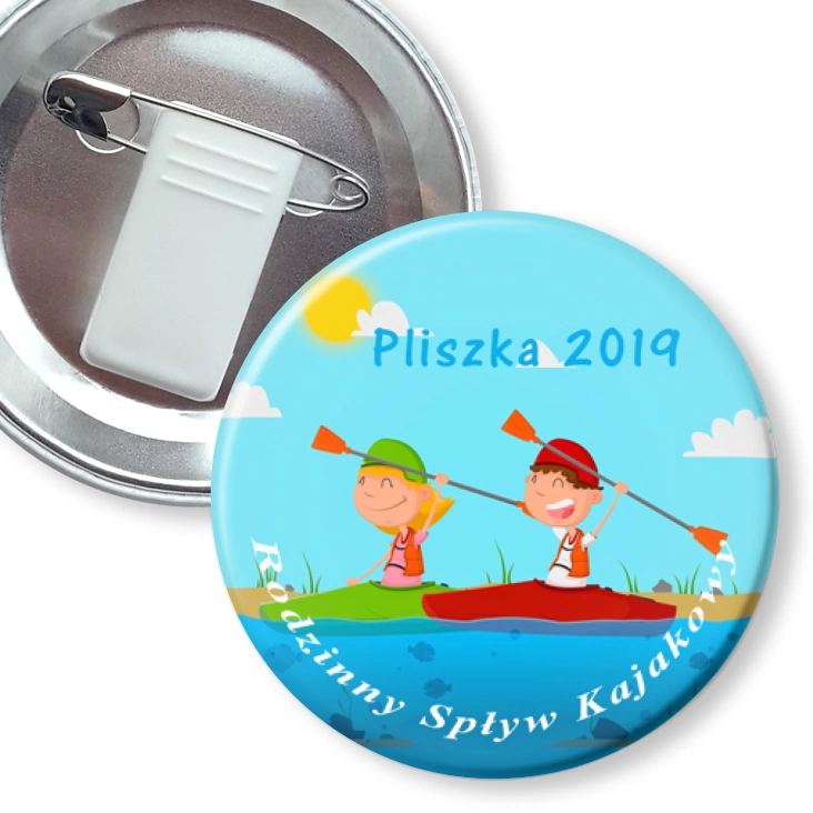 przypinka z żabką i agrafką Rodzinny Spływ Kajakowy Pliszka 2019
