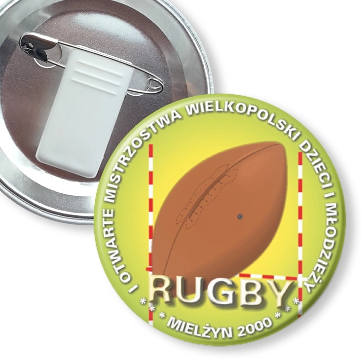 przypinka z żabką i agrafką RUGBY - I Otwarte Mistrzostwa Wielkopolski Dzieci i Młodzieży