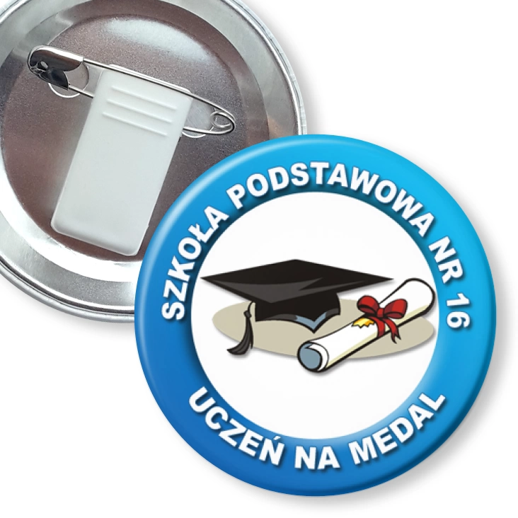 przypinka z żabką i agrafką SP nr 16 - uczeń na medal
