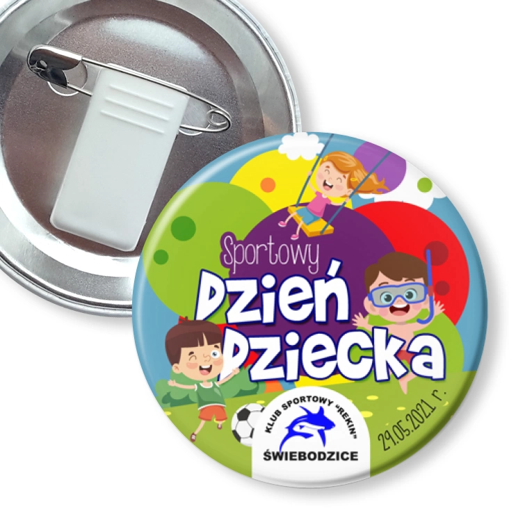 przypinka z żabką i agrafką Sportowy Dzień Dziecka KS Rekin