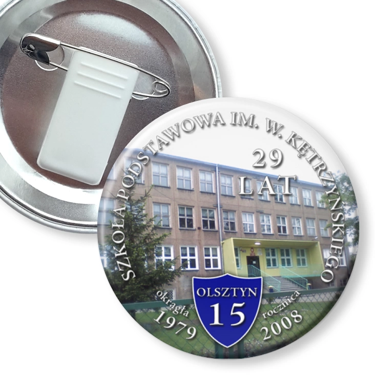 przypinka z żabką i agrafką Szkoła nr 15 Olsztyn