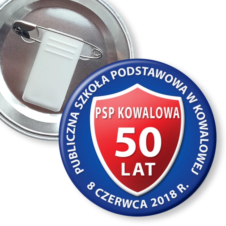 przypinka z żabką i agrafką Szkoła w Kowalowej 50 lat