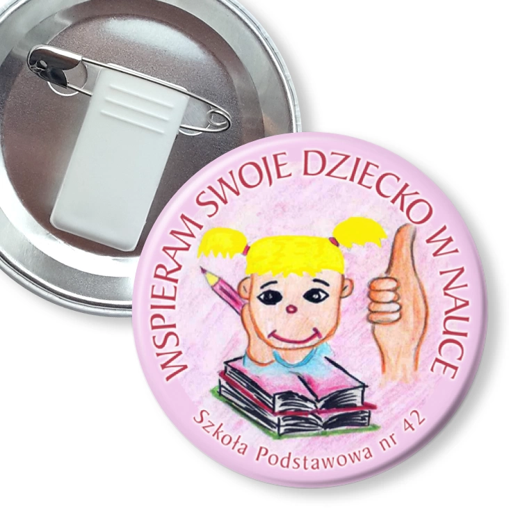 przypinka z żabką i agrafką Wspieram swoje dziecko w nauce - dziewczynka