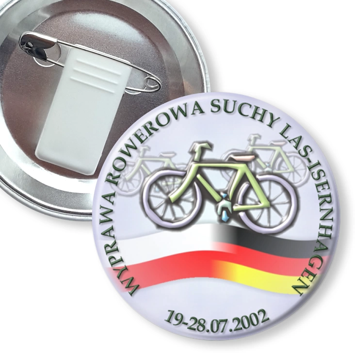 przypinka z żabką i agrafką Wyprawa Rowerowa Suchy Las - Isernhagen