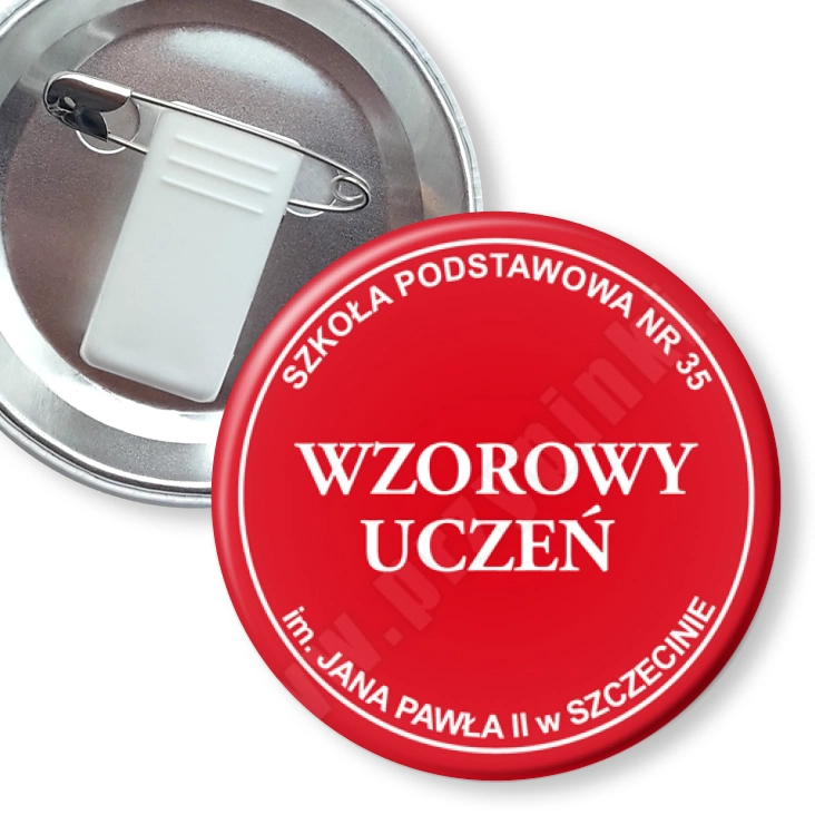 przypinka z żabką i agrafką Wzorowy Uczeń SP35 Szczecin - czerwony