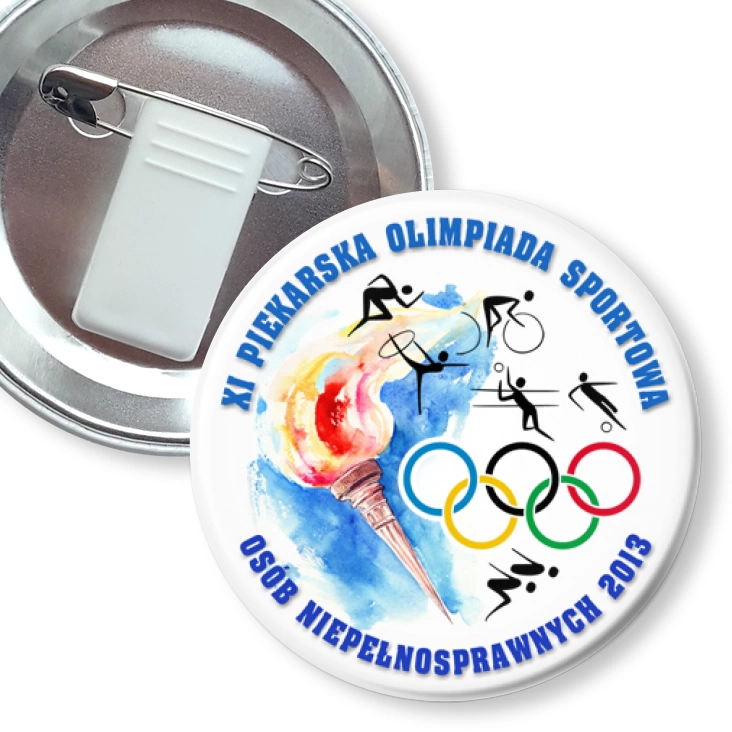 przypinka z żabką i agrafką XI Piekarska Olimpiada Osób Niepełnosprawnych 2013