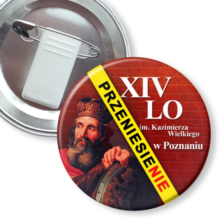 przypinka z żabką i agrafką XIV LO w Poznaniu - przeniesienie