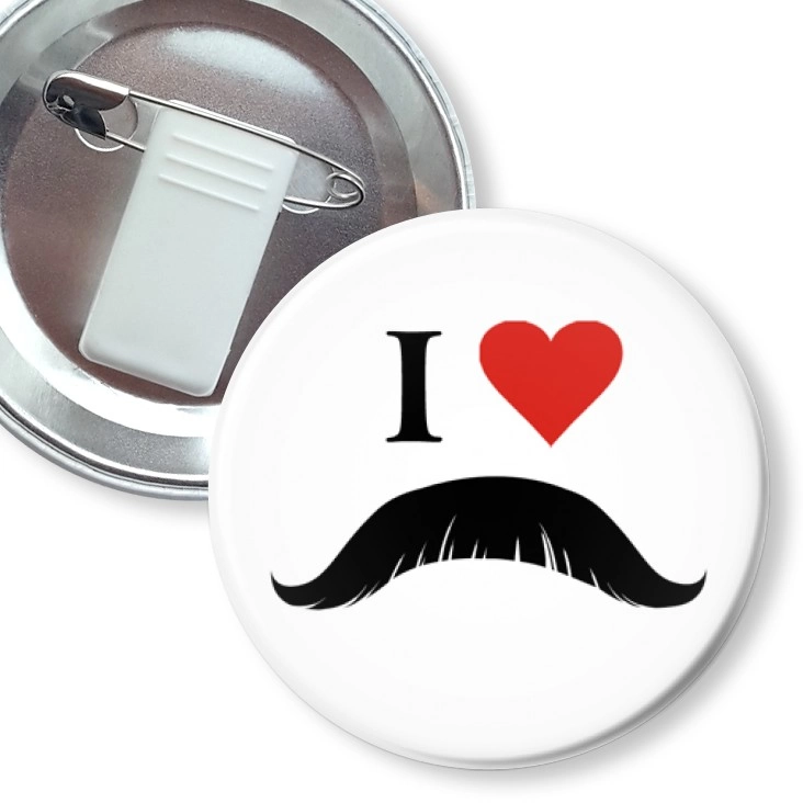 przypinka z żabką i agrafką I love moustache