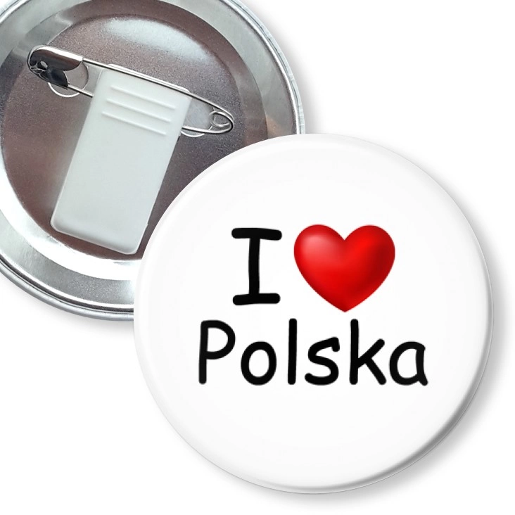 przypinka z żabką i agrafką I love Polska serduszko