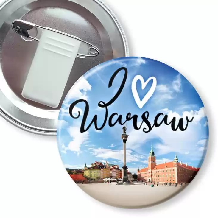 przypinka z żabką i agrafką I love Warsaw