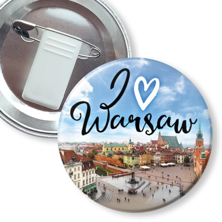 przypinka z żabką i agrafką I love Warsaw