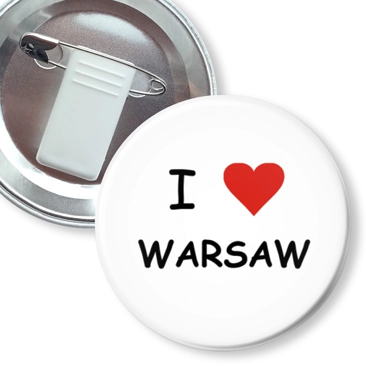 przypinka z żabką i agrafką I love Warszawa