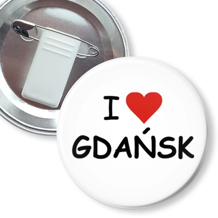 przypinka z żabką i agrafką I love Gdańsk