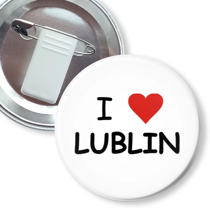 przypinka z żabką i agrafką I love Lublin