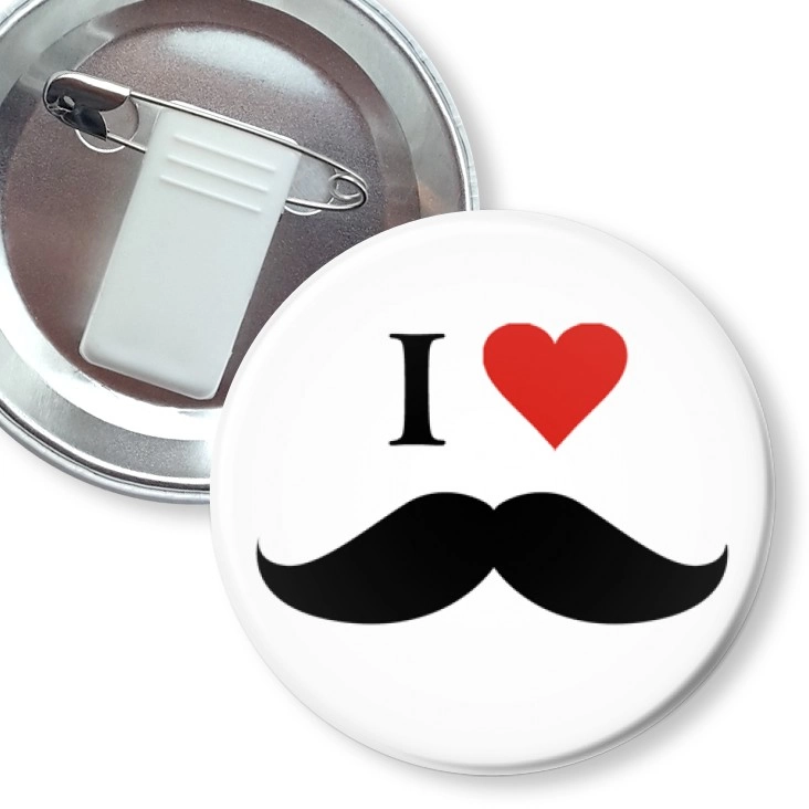 przypinka z żabką i agrafką I love moustache