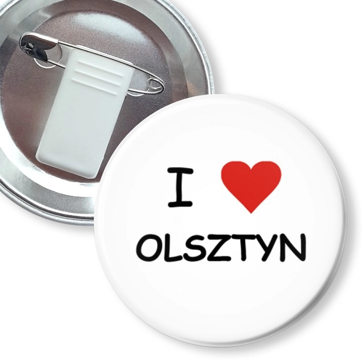 przypinka z żabką i agrafką I love Olsztyn