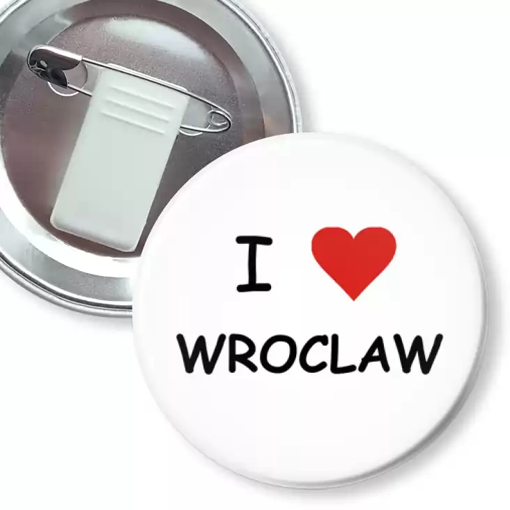 przypinka z żabką i agrafką I love Wrocław