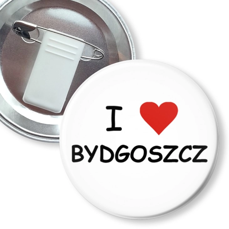 przypinka z żabką i agrafką I love Bydgoszcz