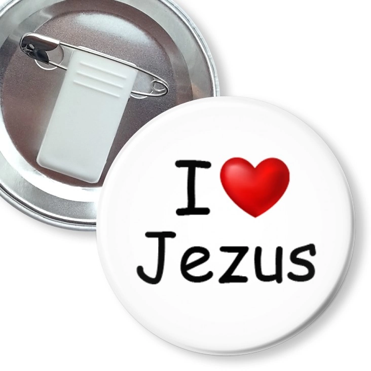 przypinka z żabką i agrafką I love Jezus