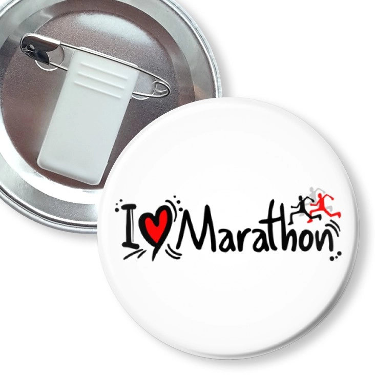 przypinka z żabką i agrafką I love marathon