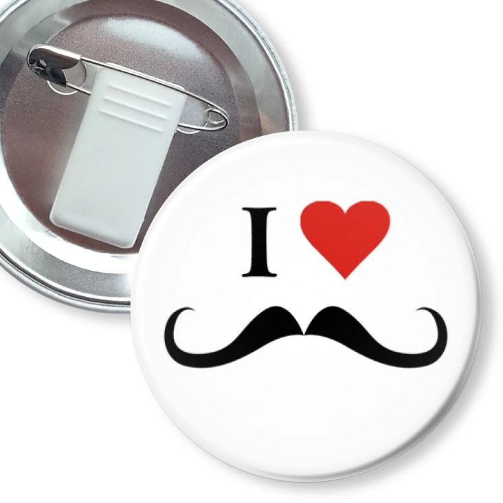 przypinka z żabką i agrafką I love moustache