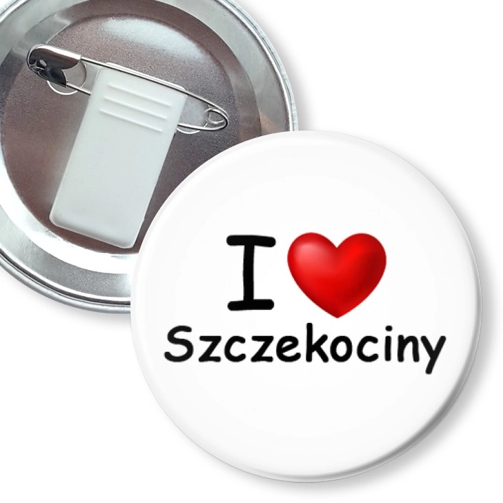 przypinka z żabką i agrafką I love Szczekociny