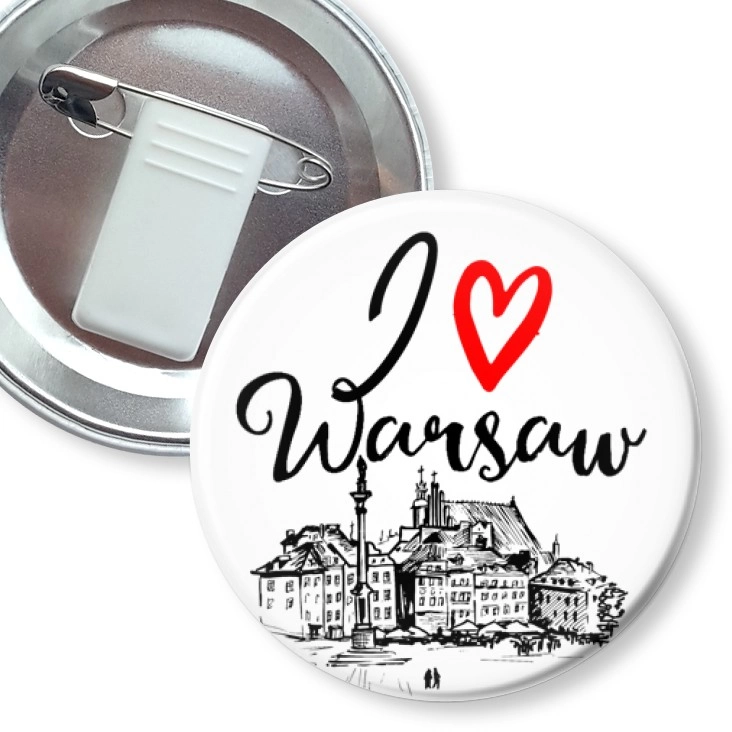 przypinka z żabką i agrafką I love Warsaw