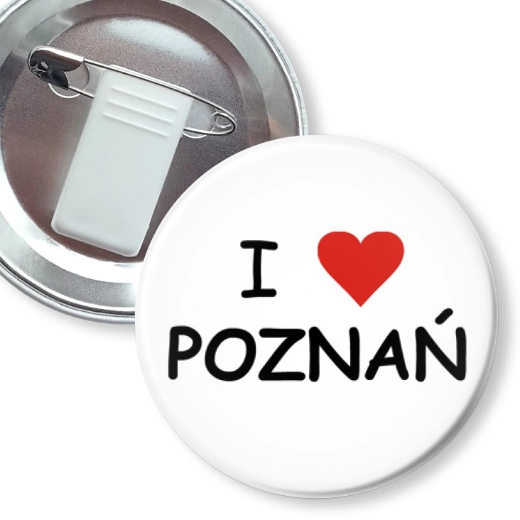 przypinka z żabką i agrafką I love Poznań