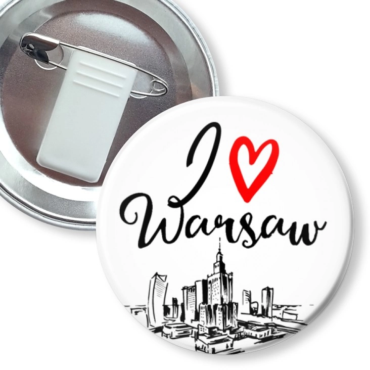 przypinka z żabką i agrafką I love Warsaw