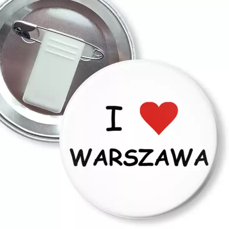 przypinka z żabką i agrafką I love Warszawa