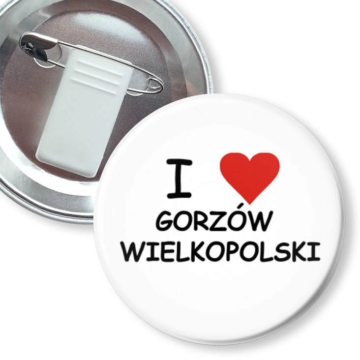 przypinka z żabką i agrafką I love Gorzów Wlkp.