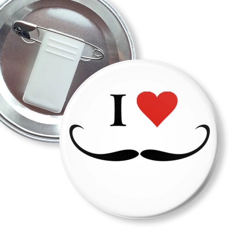 przypinka z żabką i agrafką I love moustache