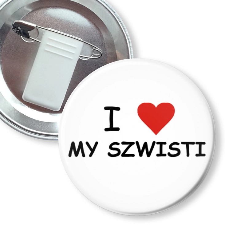 przypinka z żabką i agrafką I love my szwisti