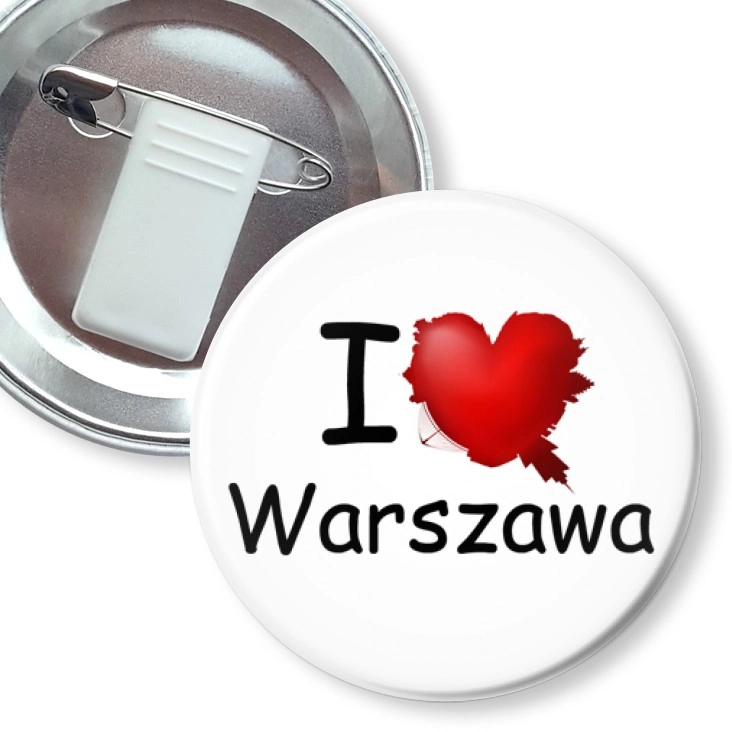 przypinka z żabką i agrafką I love Warszawa