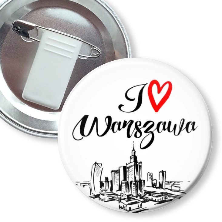 przypinka z żabką i agrafką I love Warszawa