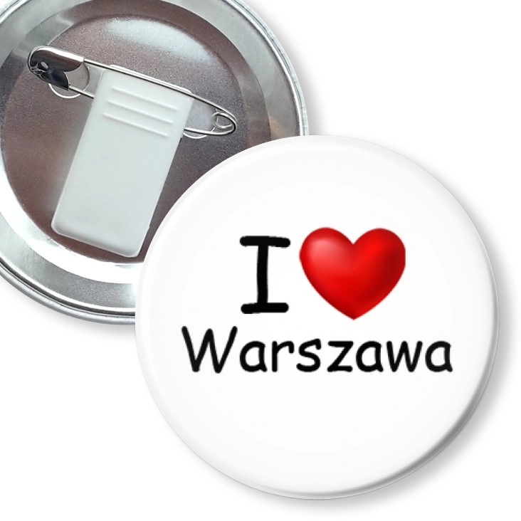 przypinka z żabką i agrafką I love Warszawa