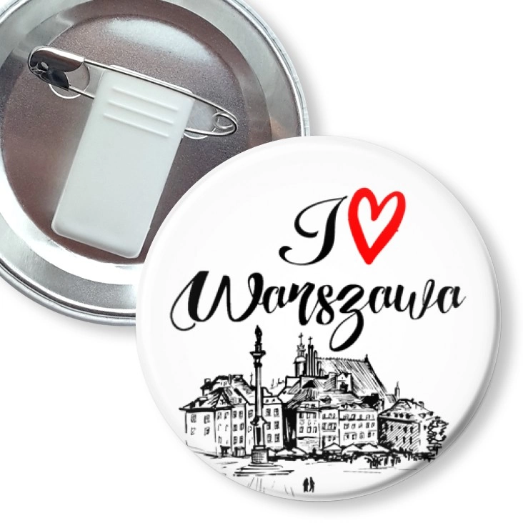 przypinka z żabką i agrafką I love Warszawa