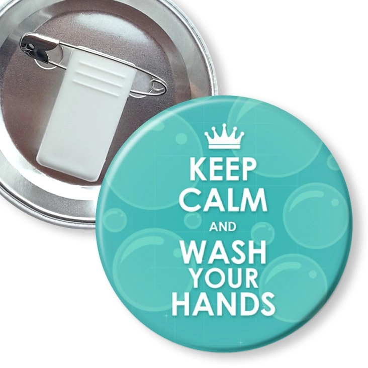 przypinka z żabką i agrafką Keep calm and wash your hands