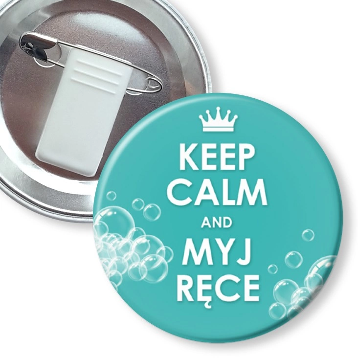 przypinka z żabką i agrafką Keep calm and myj ręce